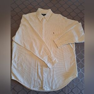 Ralph Lauren Large Men's Long Sleeve Cream W/ Green Stripes Shirt; Vintage